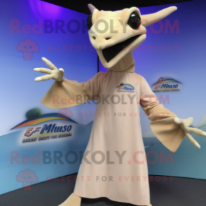 Beige Pterodactyl mascot costume character dressed with a Long Sleeve Tee and Bracelets