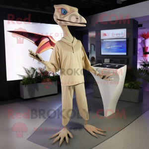 Beige Pterodactyl mascot costume character dressed with a Long Sleeve Tee and Bracelets