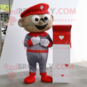 Red Love Letter mascot costume character dressed with a Cargo Pants and Brooches