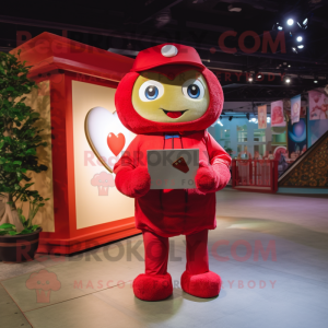 Red Love Letter mascot costume character dressed with a Cargo Pants and Brooches