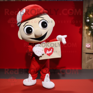 Red Love Letter mascot costume character dressed with a Cargo Pants and Brooches