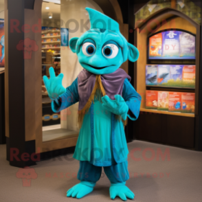 Turquoise Wizard mascot costume character dressed with a Turtleneck and Headbands