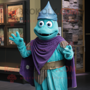 Turquoise Wizard mascot costume character dressed with a Turtleneck and Headbands