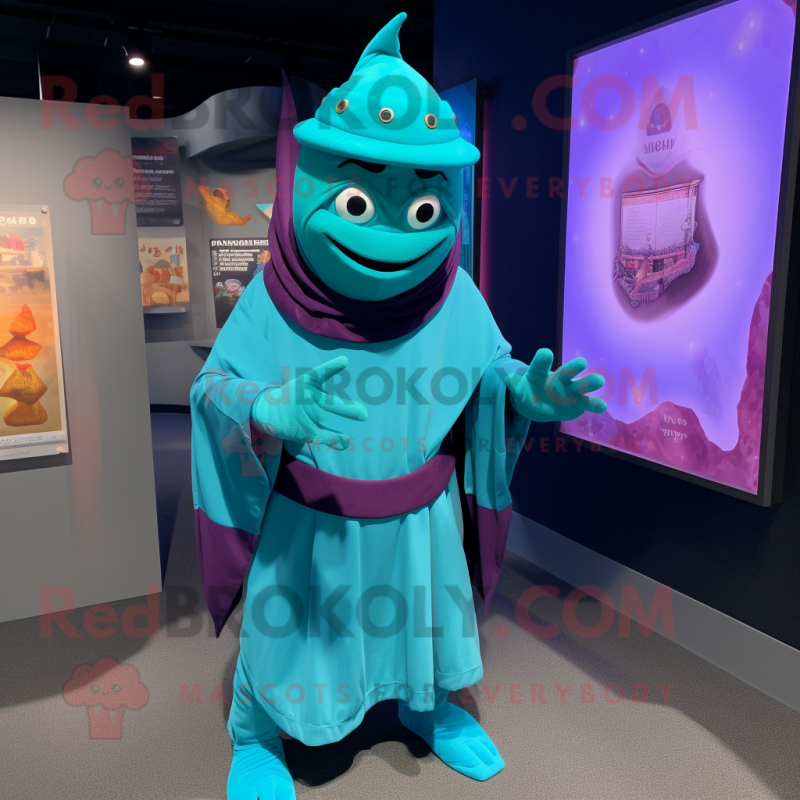 Turquoise Wizard mascot costume character dressed with a Turtleneck and Headbands