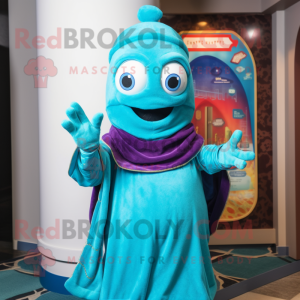 Turquoise Wizard mascot costume character dressed with a Turtleneck and Headbands