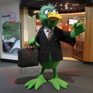 Green Crow mascot costume character dressed with a Dress Shirt and Tote bags