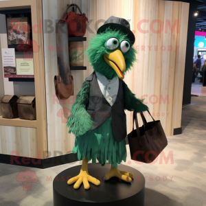Green Crow mascot costume character dressed with a Dress Shirt and Tote bags