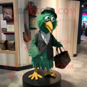 Green Crow mascot costume character dressed with a Dress Shirt and Tote bags