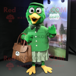 Green Crow mascot costume character dressed with a Dress Shirt and Tote bags