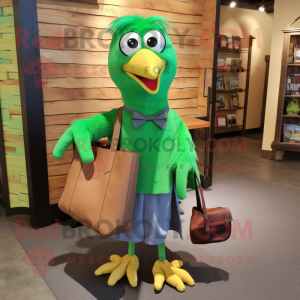 Green Crow mascot costume character dressed with a Dress Shirt and Tote bags