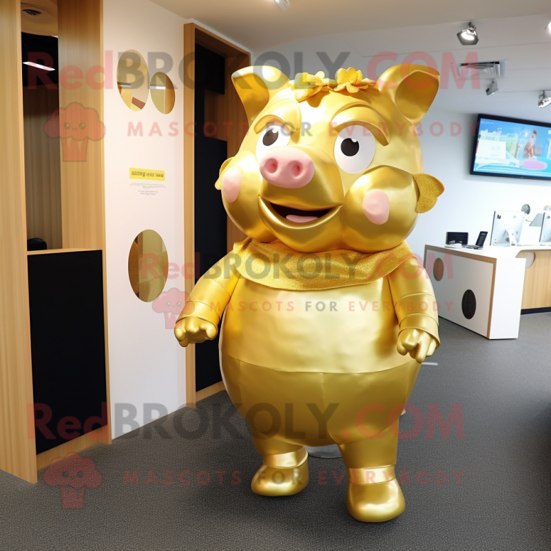 Gold Pig mascot costume character dressed with a Midi Dress and Belts Gold Pig mascot costume character dressed with a Midi Dress and Belts