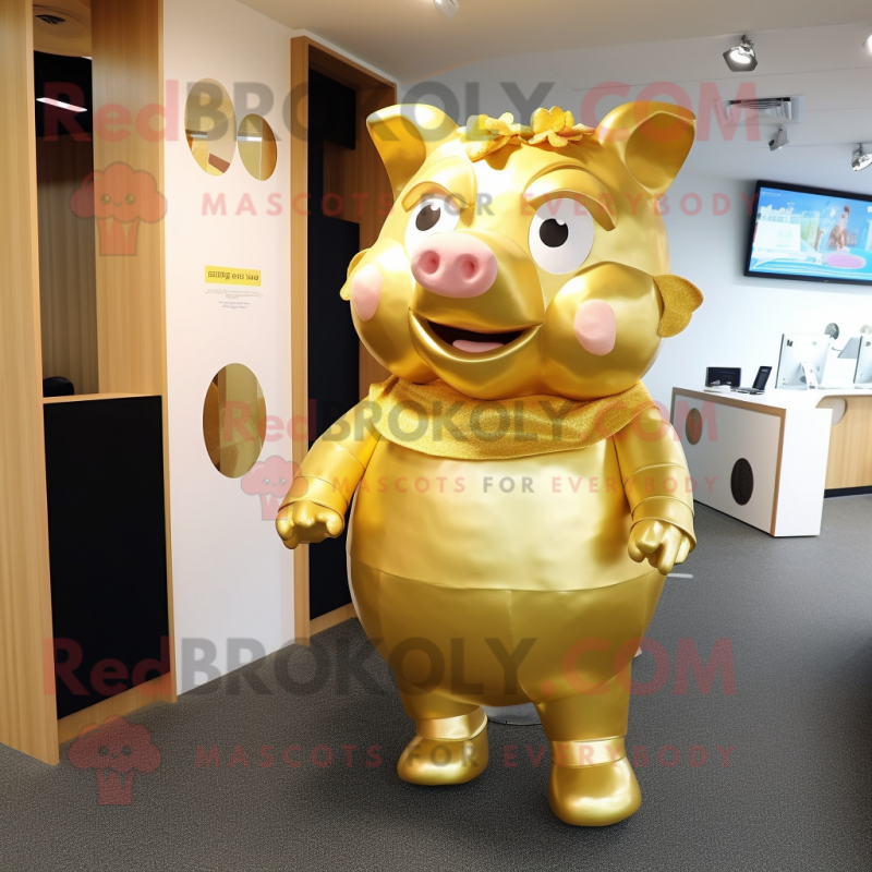 Gold Pig mascot costume character dressed with a Midi Dress and Belts