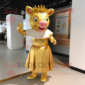 Gold Pig mascot costume character dressed with a Midi Dress and Belts