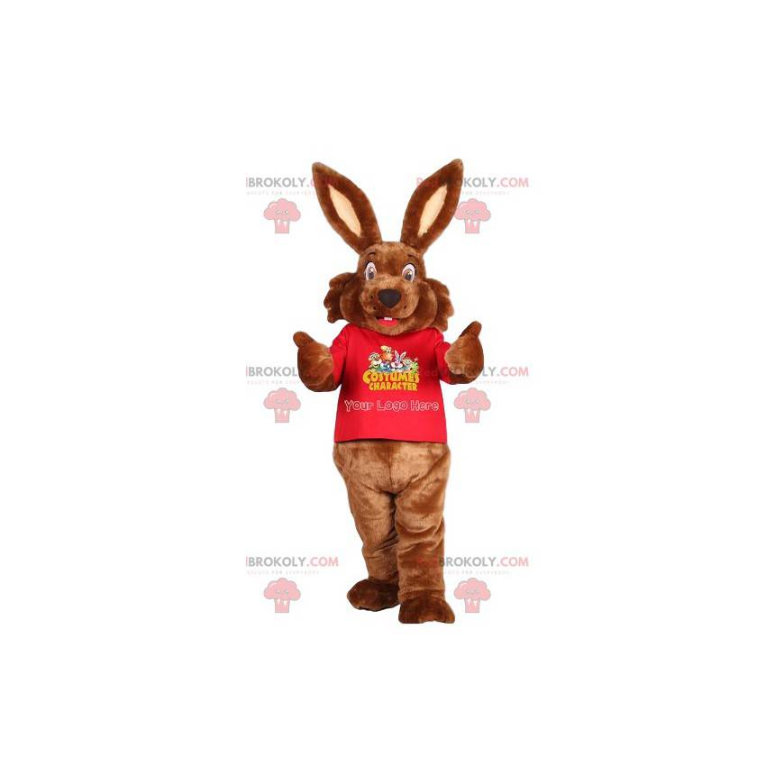 Mascotte de lapin marron et son maillot rouge - Redbrokoly.com