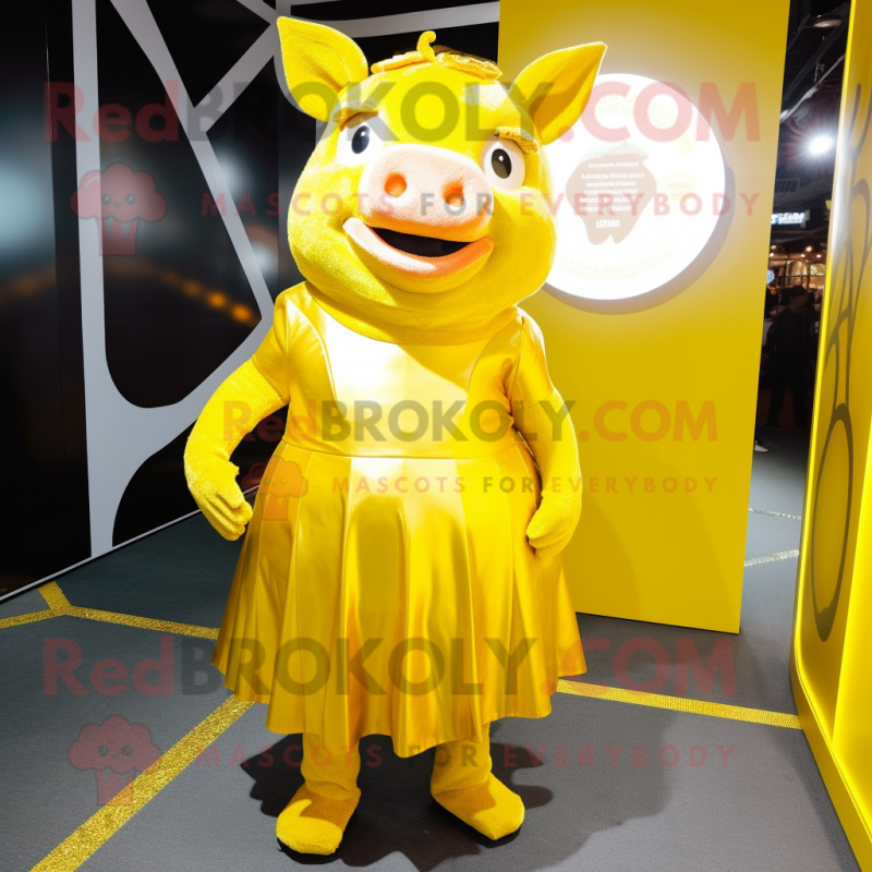 Gold Pig mascot costume character dressed with a Midi Dress and Belts