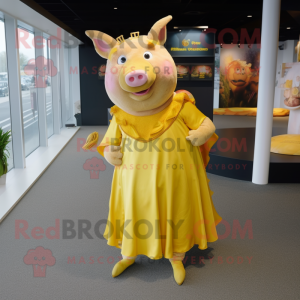 Gold Pig mascot costume character dressed with a Midi Dress and Belts