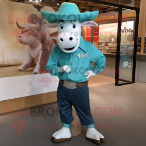 Teal Zebu mascot costume character dressed with a Poplin Shirt and Hat pins