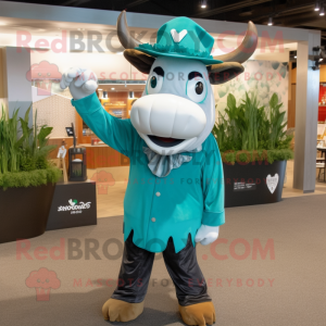Teal Zebu mascot costume character dressed with a Poplin Shirt and Hat pins