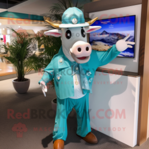 Teal Zebu mascot costume character dressed with a Poplin Shirt and Hat pins