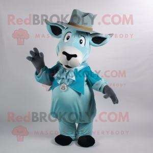 Teal Zebu mascot costume character dressed with a Poplin Shirt and Hat pins