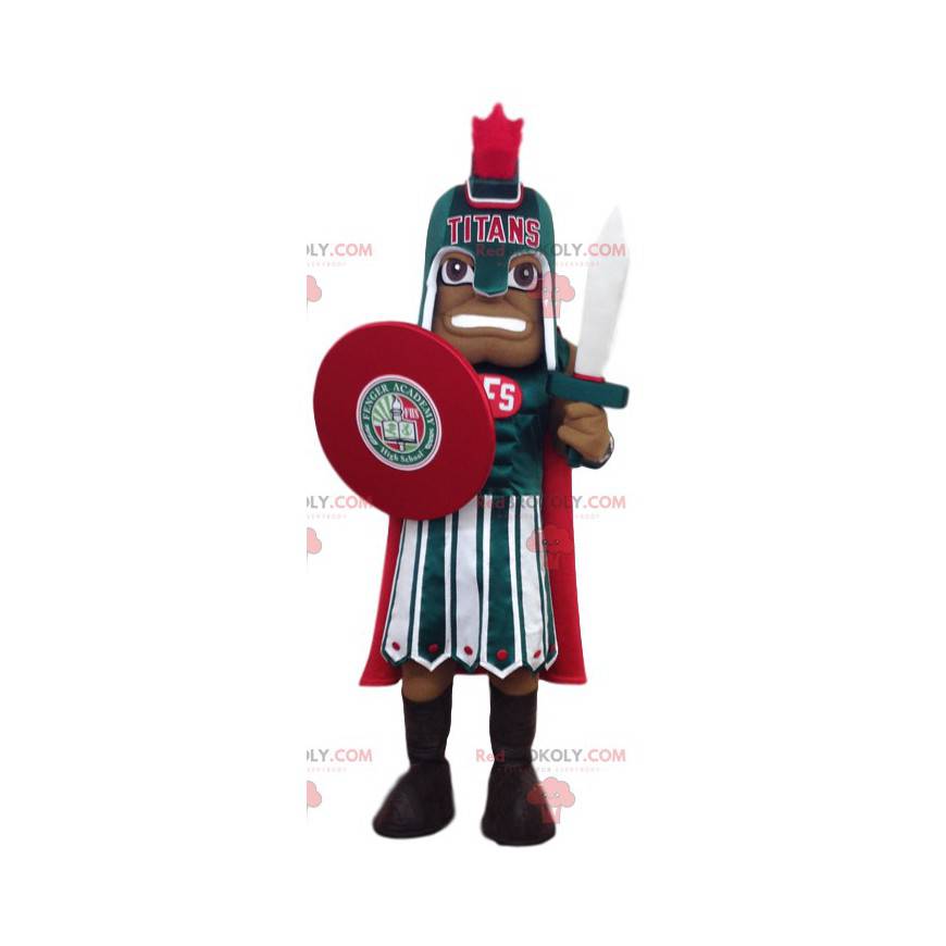 Mascota de soldado romano en traje oficial rojo y verde -