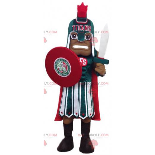 Maskot římského vojáka v červeném a zeleném úředním oděvu -