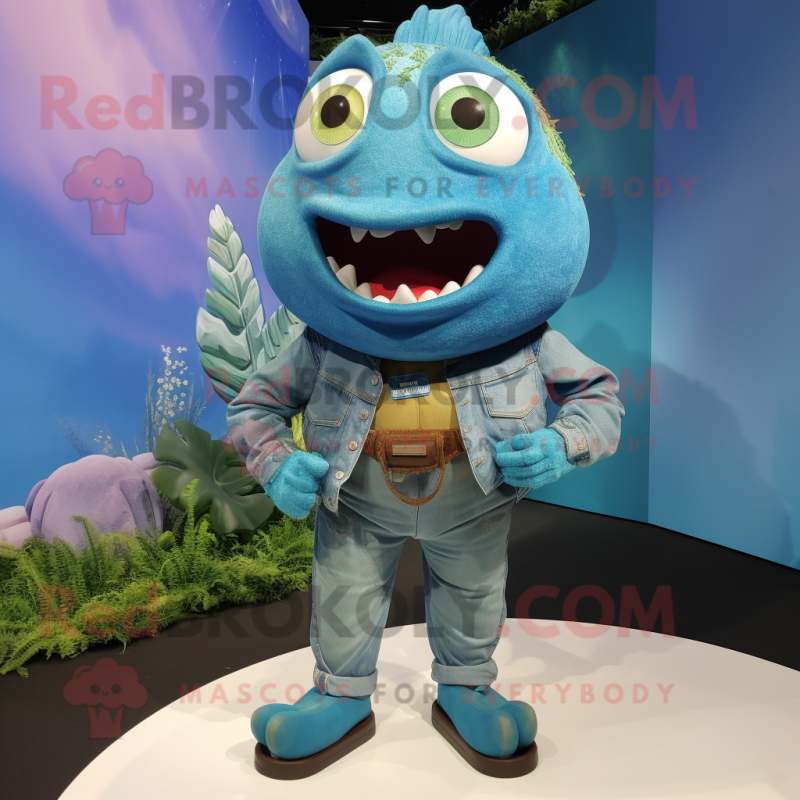 Cyan Piranha mascot costume character dressed with a Bootcut Jeans and Necklaces