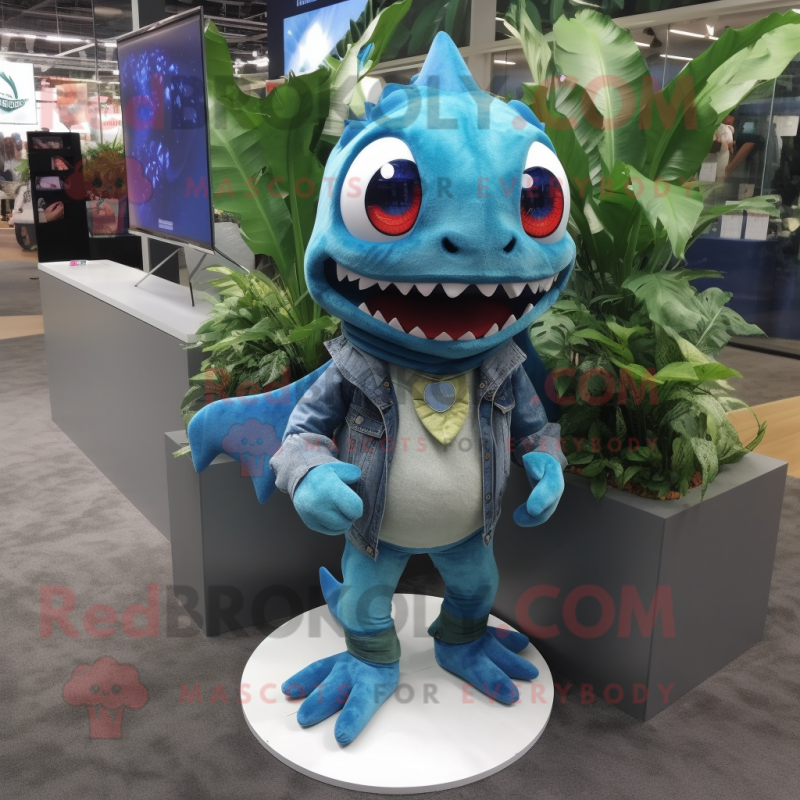 Cyan Piranha mascot costume character dressed with a Bootcut Jeans and Necklaces