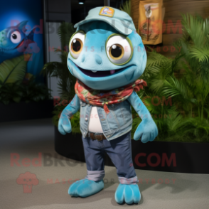 Cyan Piranha mascot costume character dressed with a Bootcut Jeans and Necklaces