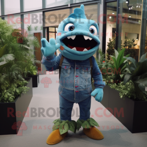 Cyan Piranha mascot costume character dressed with a Bootcut Jeans and Necklaces
