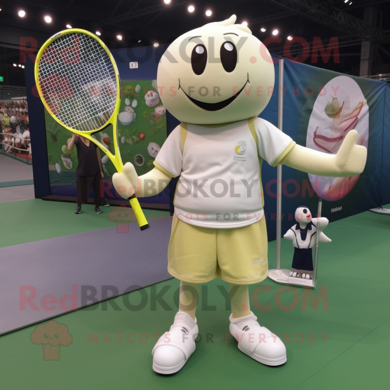 Cream Tennis Racket mascot costume character dressed with a Long Sleeve Tee and Anklets