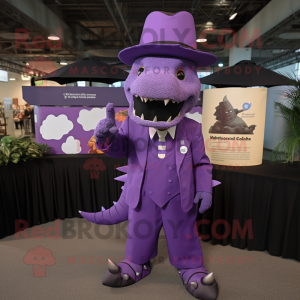 Purple Stegosaurus mascot costume character dressed with a Dress Shirt and Hat pins