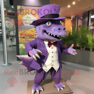 Purple Stegosaurus mascot costume character dressed with a Dress Shirt and Hat pins