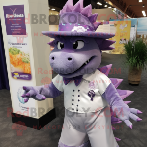 Purple Stegosaurus mascot costume character dressed with a Dress Shirt and Hat pins