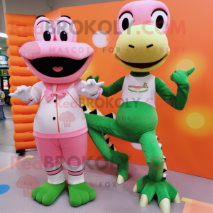 Peach Crocodile mascot costume character dressed with a Yoga Pants and Watches