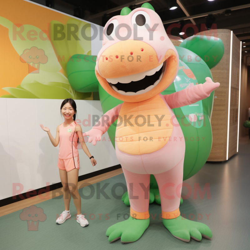 Peach Crocodile mascot costume character dressed with a Yoga Pants and Watches