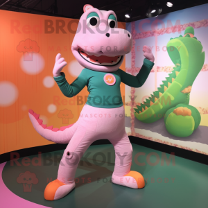 Peach Crocodile mascot costume character dressed with a Yoga Pants and Watches