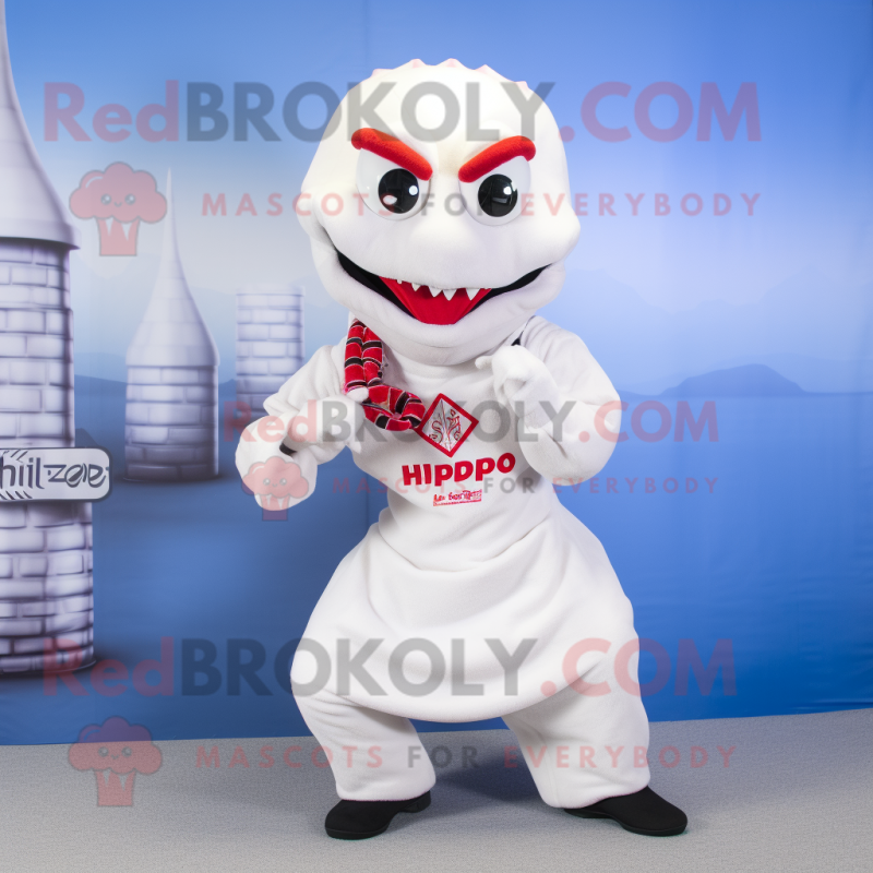 White Hydra mascot costume character dressed with a Overalls and Scarf clips White Hydra mascot costume character dressed with a Overalls and Scarf clips