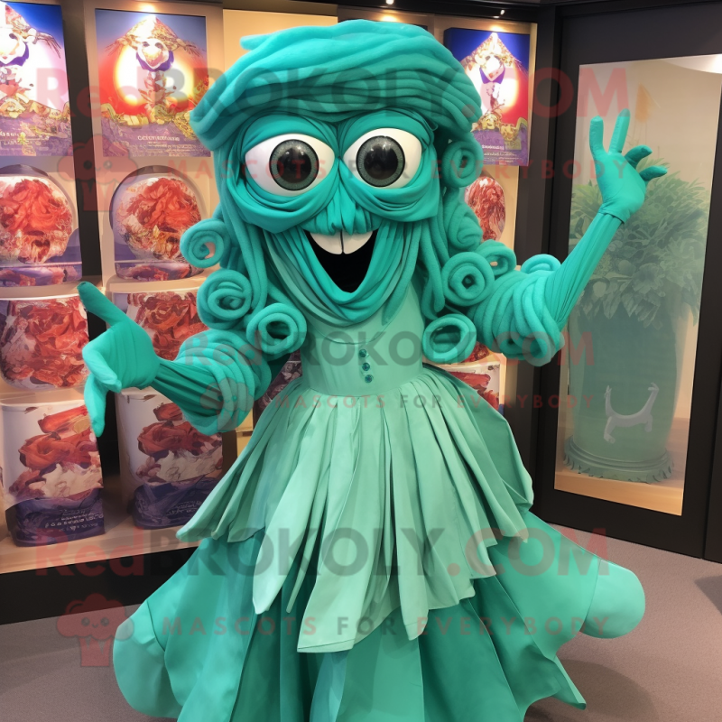 Turquoise Medusa mascot costume character dressed with a Pleated Skirt and Cummerbunds