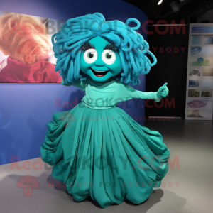 Turquoise Medusa mascot costume character dressed with a Pleated Skirt and Cummerbunds