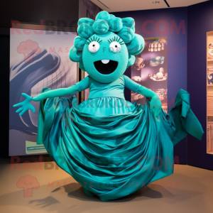 Turquoise Medusa mascot costume character dressed with a Pleated Skirt and Cummerbunds