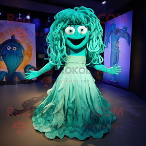 Turquoise Medusa mascot costume character dressed with a Pleated Skirt and Cummerbunds