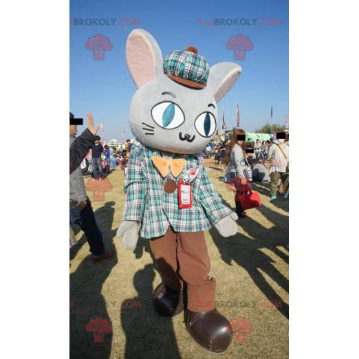 Giant gray rabbit mascot dressed in Scottish attire -