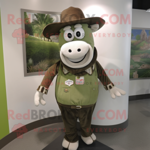 Olive Cow mascot costume character dressed with a Vest and Hat pins