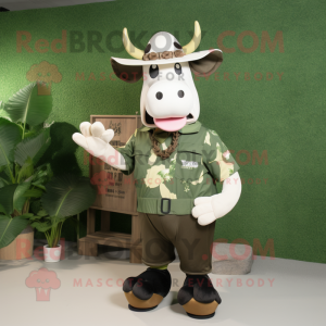 Olive Cow mascot costume character dressed with a Vest and Hat pins