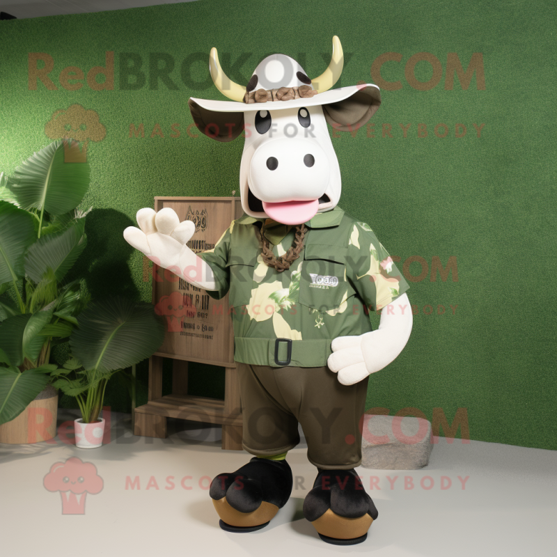 Olive Cow mascot costume character dressed with a Vest and Hat pins