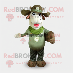 Olive Cow mascot costume character dressed with a Vest and Hat pins