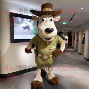 Olive Cow mascot costume character dressed with a Vest and Hat pins