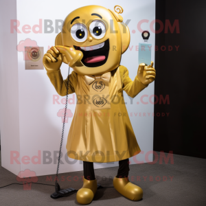 Gold Phone mascot costume character dressed with a A-Line Skirt and Suspenders
