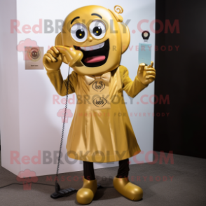 Gold Phone mascot costume character dressed with a A-Line Skirt and Suspenders
